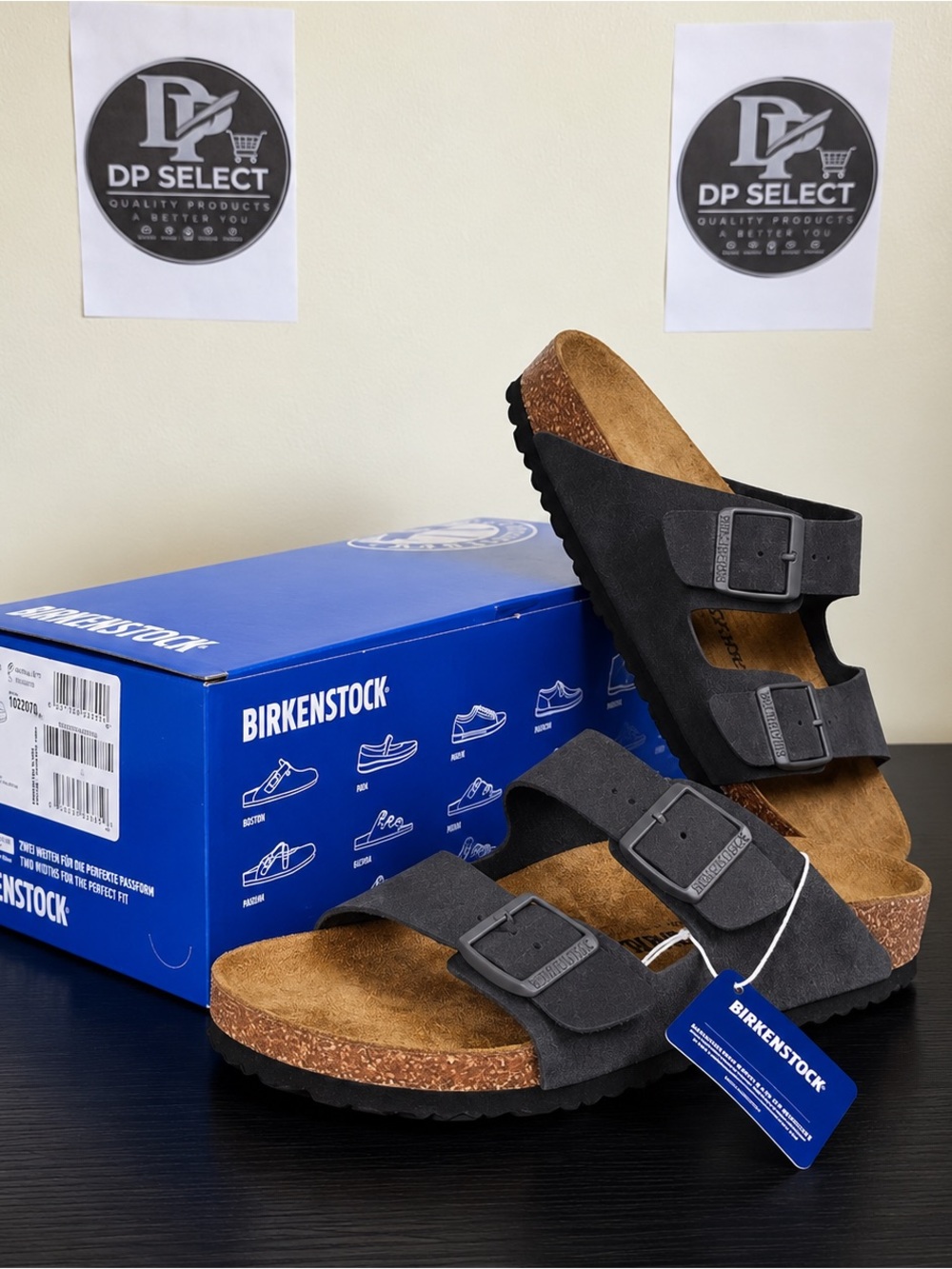 Birkenstock Men’s Arizona Suede Double-Buckle Sandals — Dark Gray